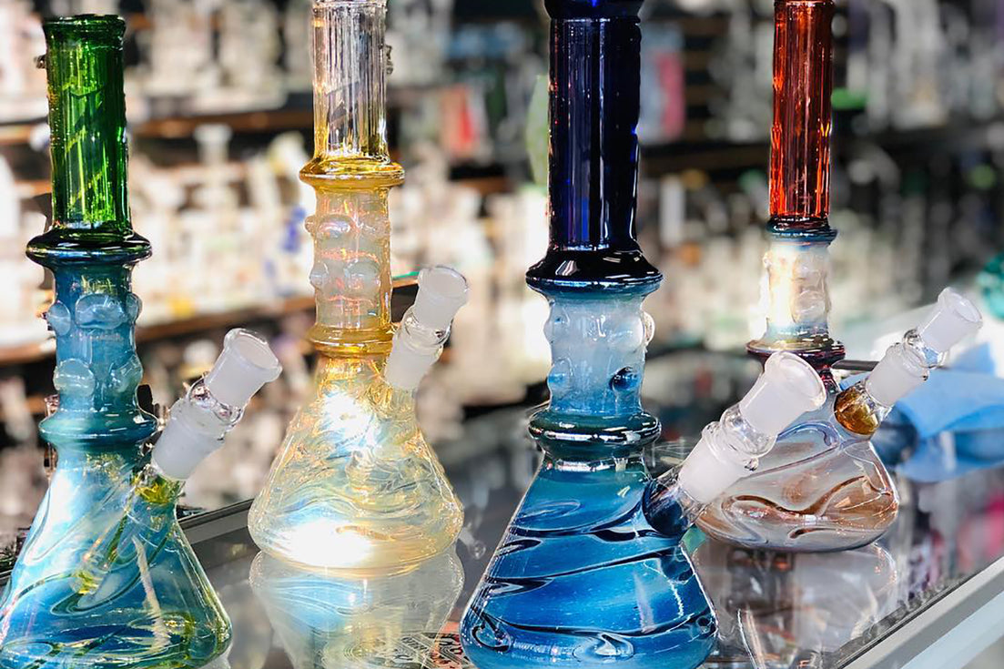 A group of colorful bongs, or waterpipes, image courtesy of High Society 559 on Instagram