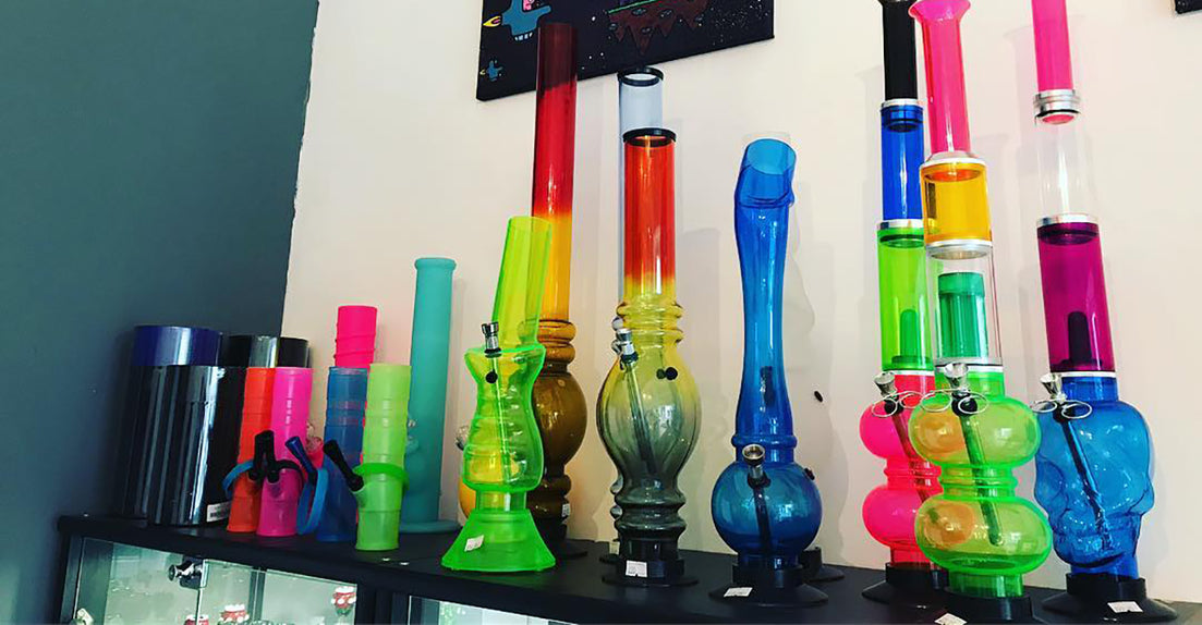 A collection of acrylic bongs, image courtesy of Blazed Perth on Instagram