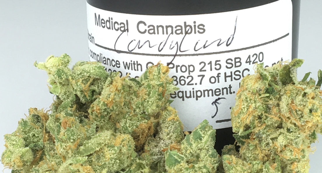 Candyland cannabis buds with a medical marijuana bottle, image from Sativaisticated.com