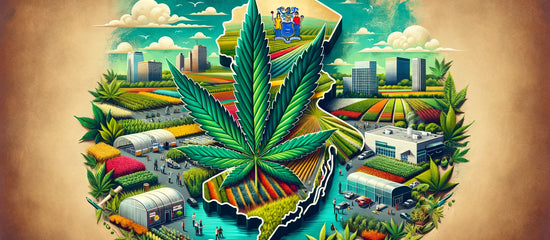 Illustration of New Jersey's cannabis industry growth, featuring a cannabis leaf, diverse people, a dispensary, and the state's outline against a backdrop with the state flag colors.