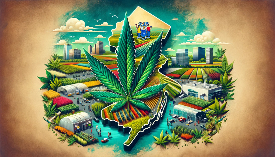 Illustration of New Jersey's cannabis industry growth, featuring a cannabis leaf, diverse people, a dispensary, and the state's outline against a backdrop with the state flag colors.