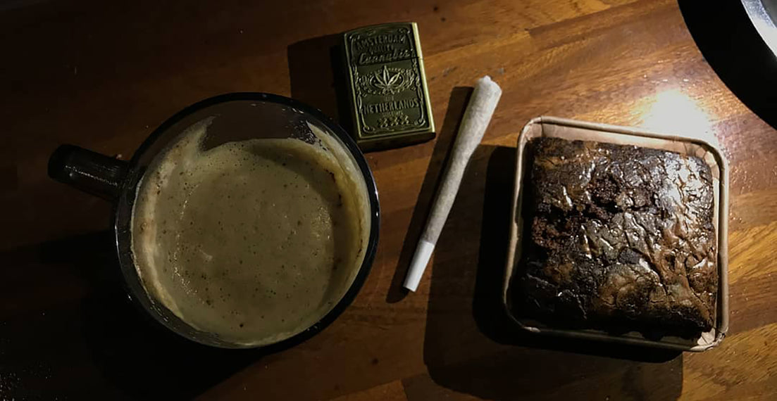 Space cake batter, a joint, a lighter, ground weed and a finished ganja cake, image courtesy of Word Travel Photography on Instagram